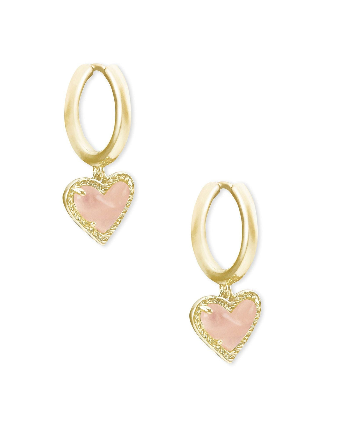 Kendra Scott Ari Heart Huggie Earrings-- Gold Rose Quartz