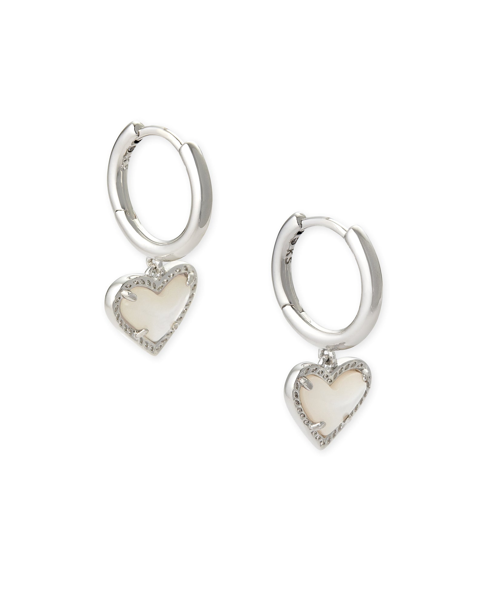 Kendra Scott Ari Heart Huggie Earrings-- Rhodium Ivory Mother of Pearl