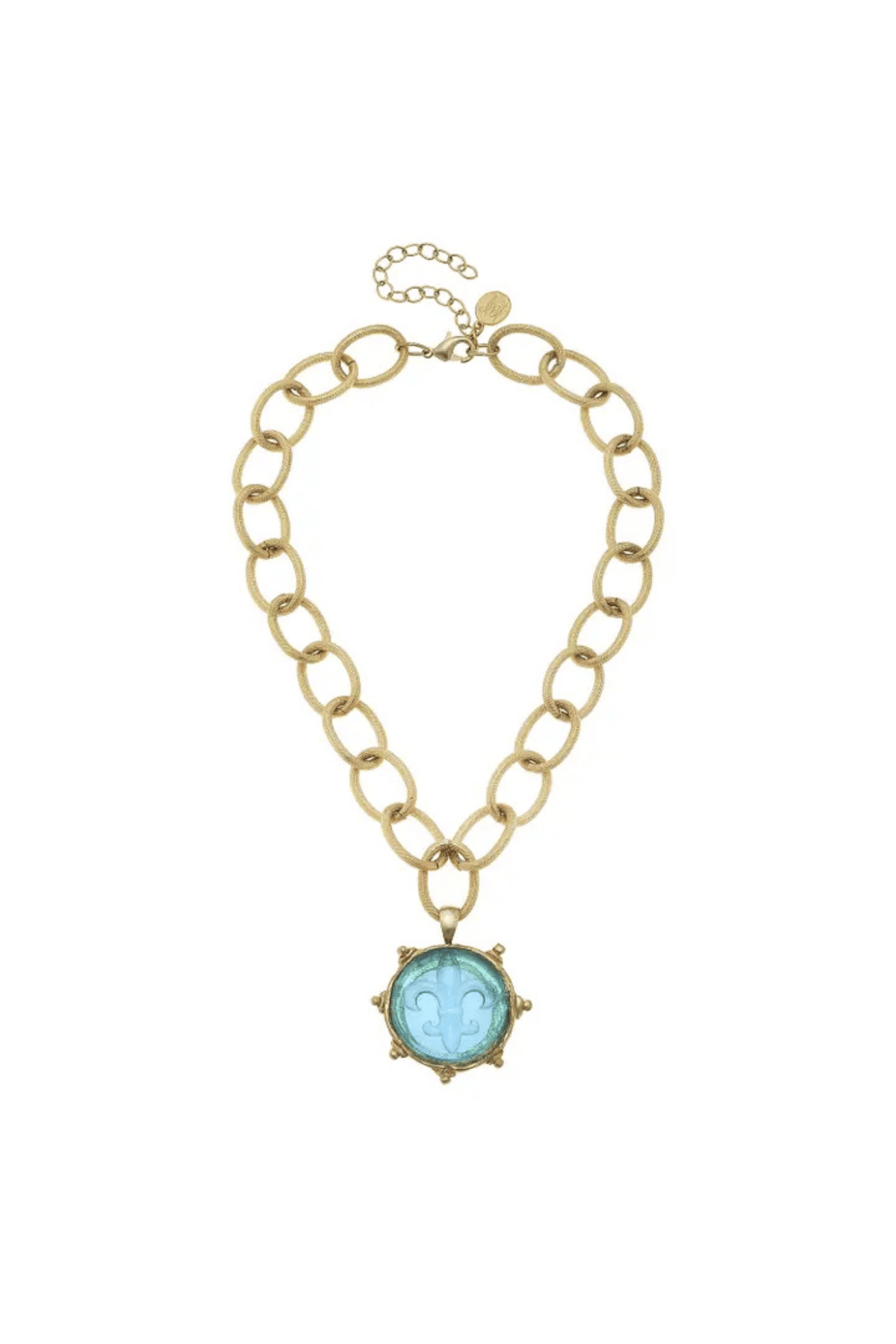 Susan Shaw Aqua Venetian Glass Fleur De Lis Intaglio On Gold Chain Neck