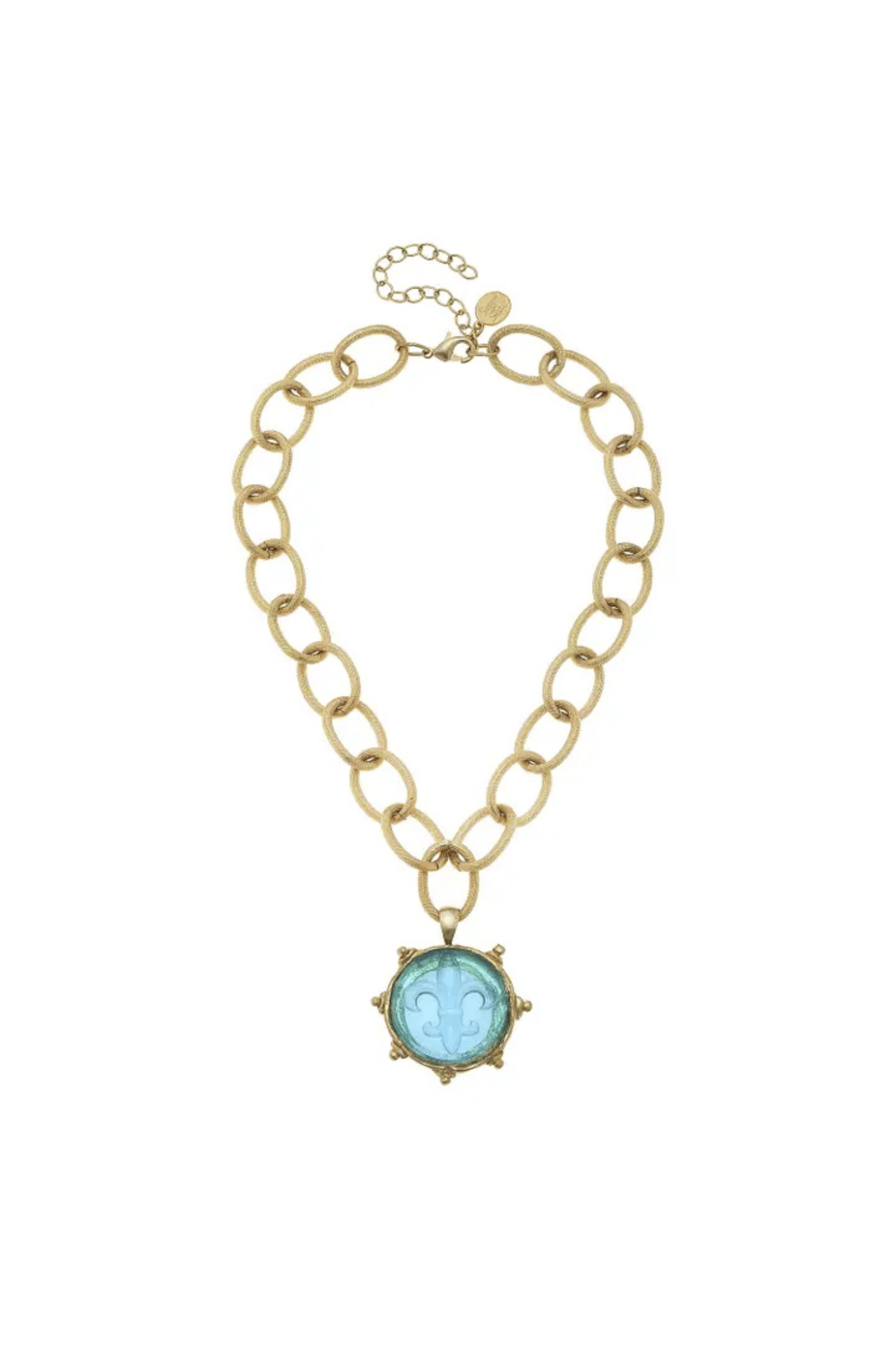 Susan Shaw Aqua Venetian Glass Fleur De Lis Intaglio On Gold Chain Neck