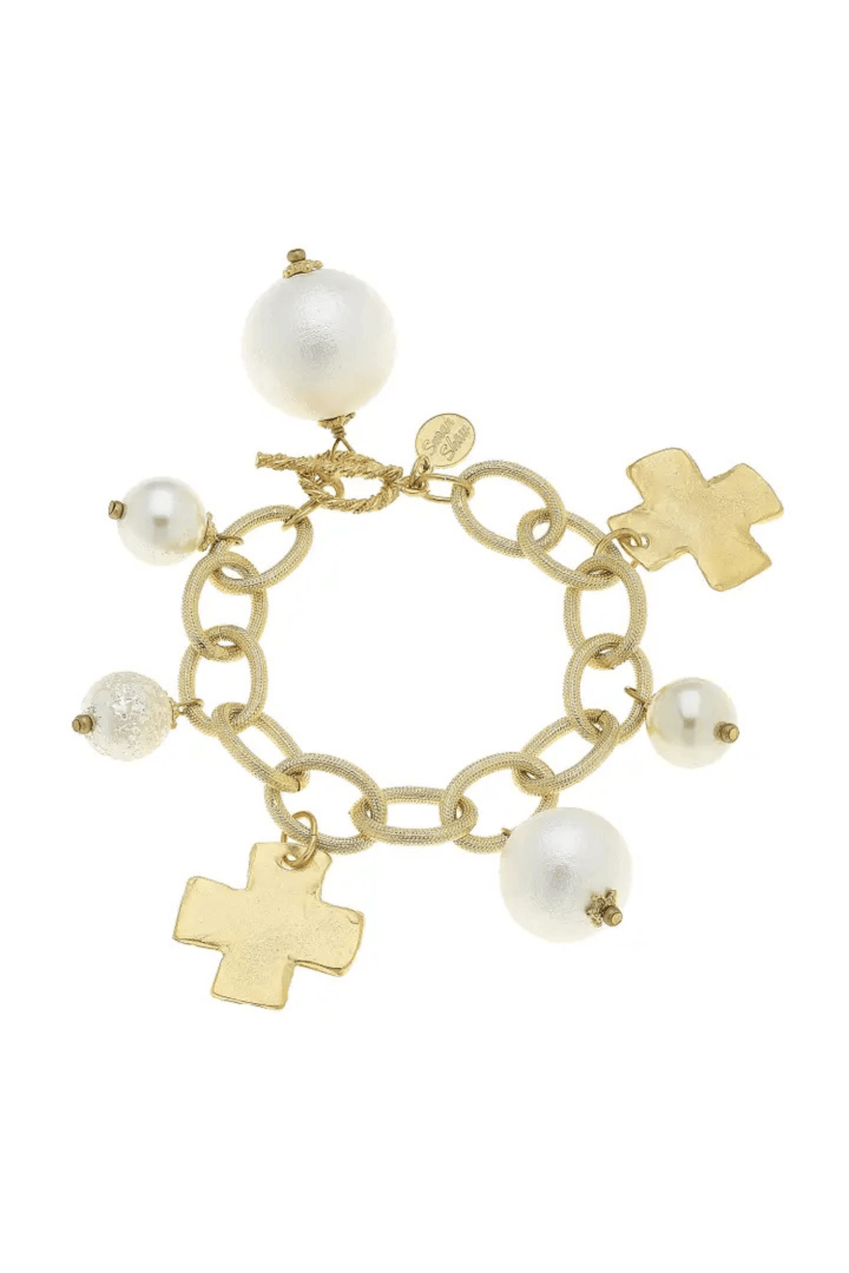 Susan Shaw Jewelry Susan Shaw Gold Cross and Cotton Pearl Charm Bracelet Gold