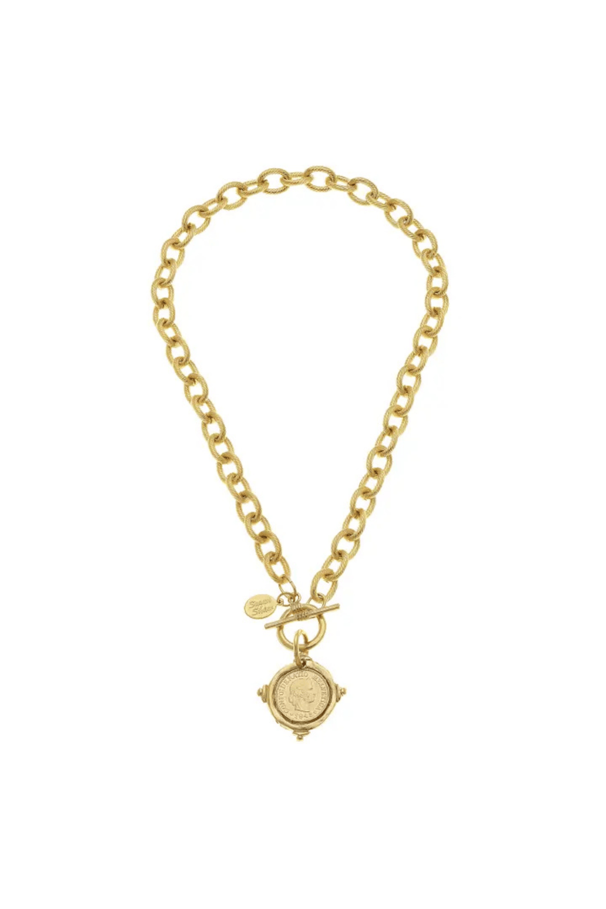 Susan Shaw Handcast Gold Intaglio Coin Front Toggle Necklace