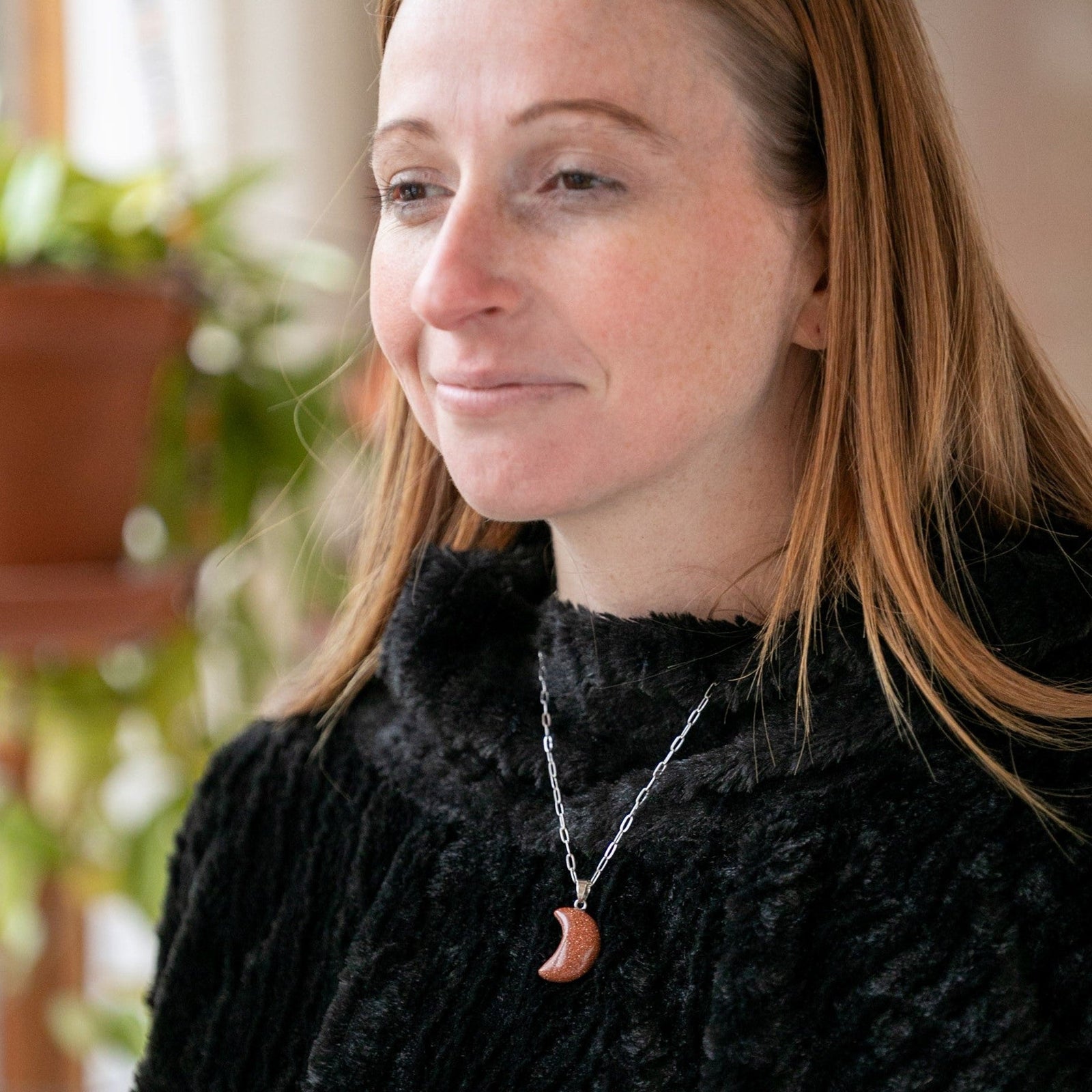 Harvest Moon Crescent Goldstone Necklace