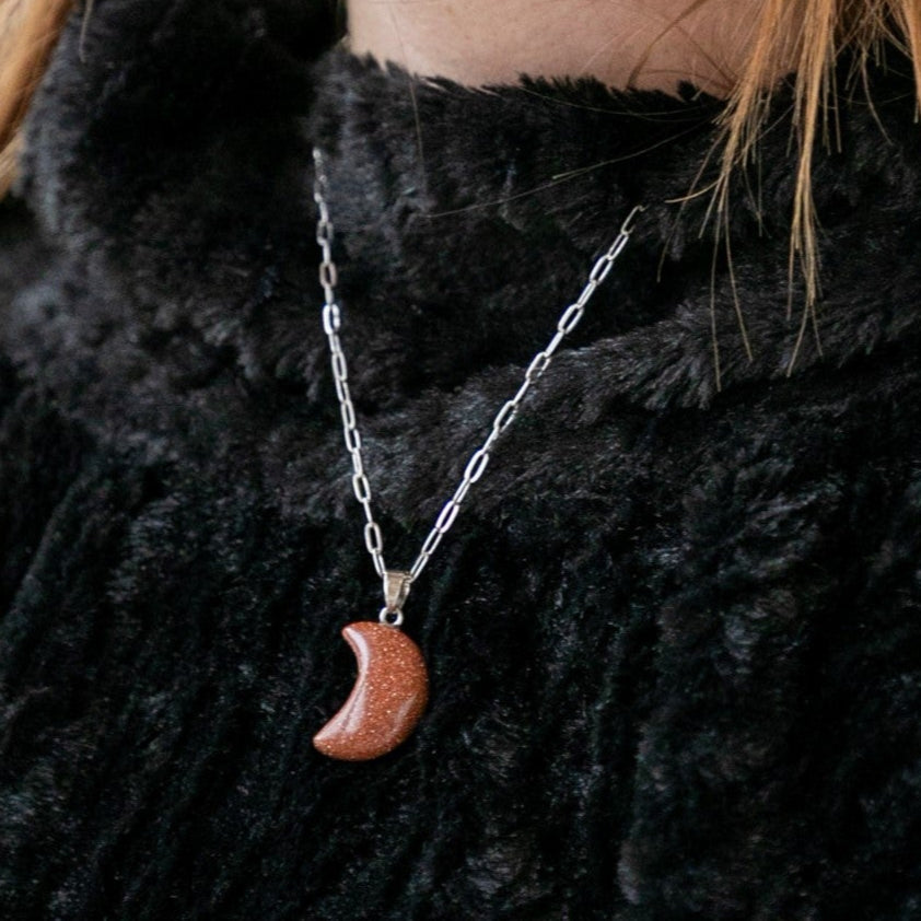 Harvest Moon Crescent Goldstone Necklace