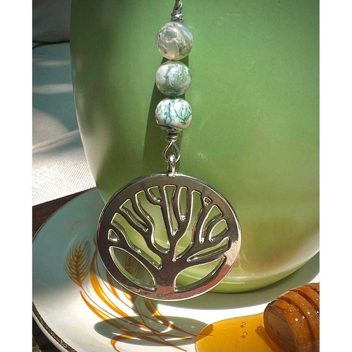 Tree of Life Charmed Tea Infuser with Tree Agate – Silver Tree Charm with Natural Tree Agate Beads by Kinley Jewelry