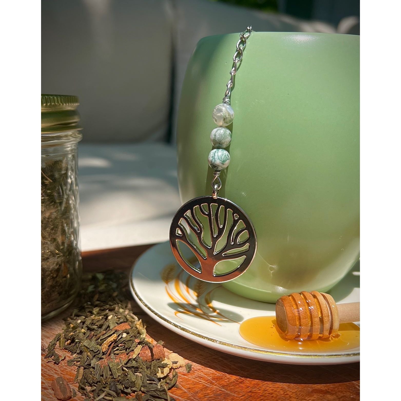 Tree of Life Charmed Tea Infuser with Tree Agate – Silver Tree Charm with Natural Tree Agate Beads by Kinley Jewelry