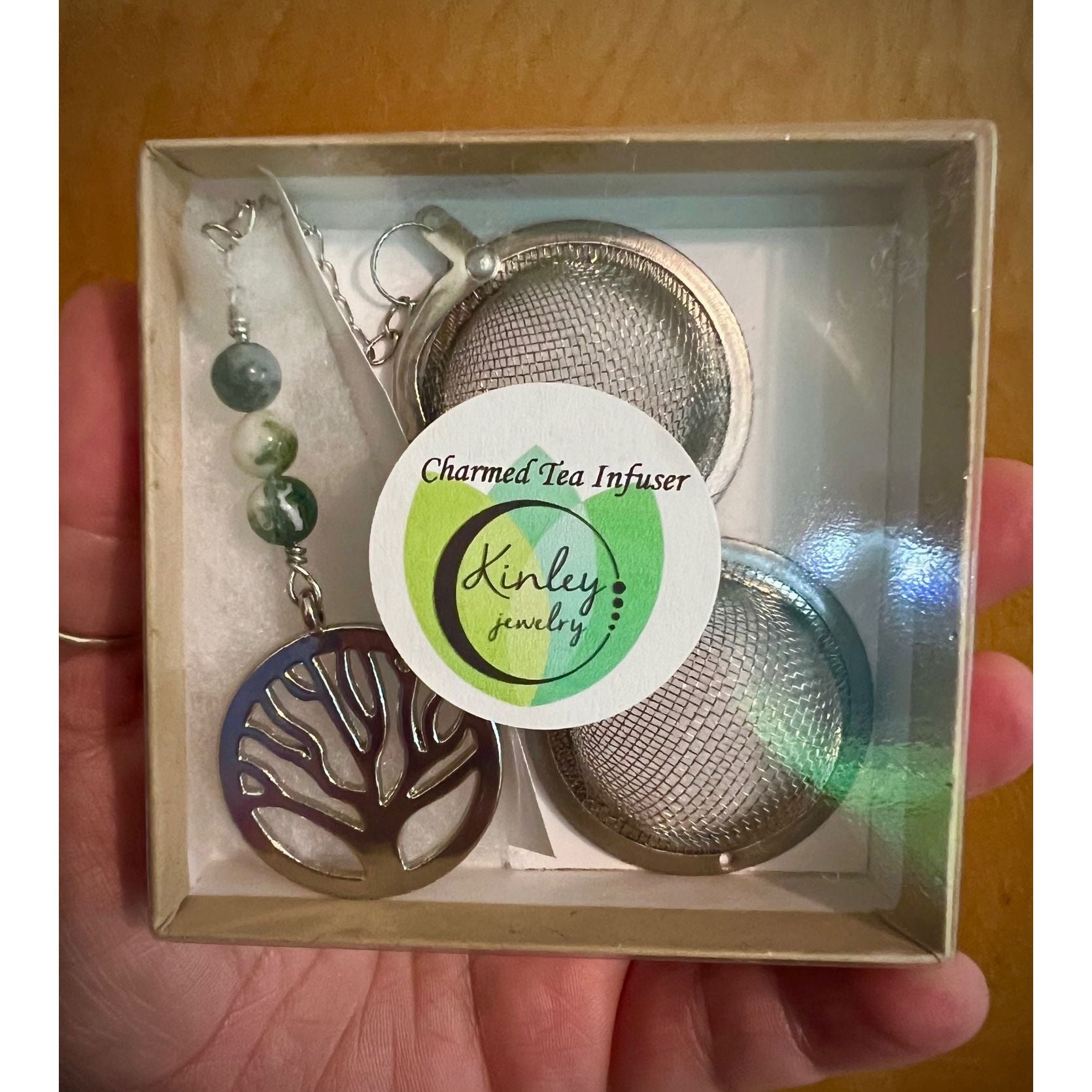 Tree of Life Charmed Tea Infuser with Tree Agate – Silver Tree Charm with Natural Tree Agate Beads by Kinley Jewelry