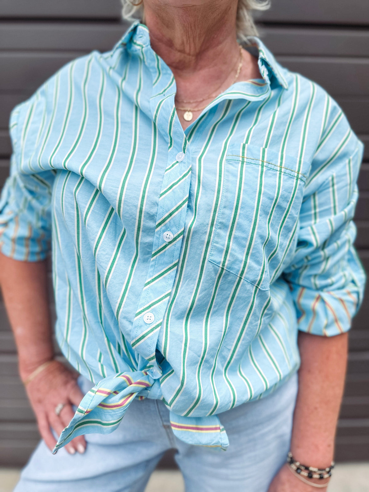 Tribal Shirts & Tops Tribal Poplin Double Stripe Button Front Shirt